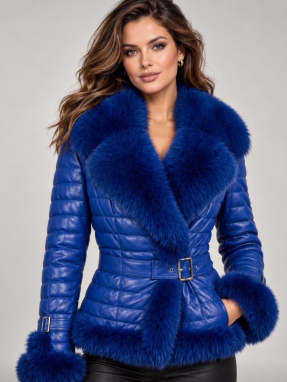 NEW Leather Jacket with Fox Fur trim in Royal Blue